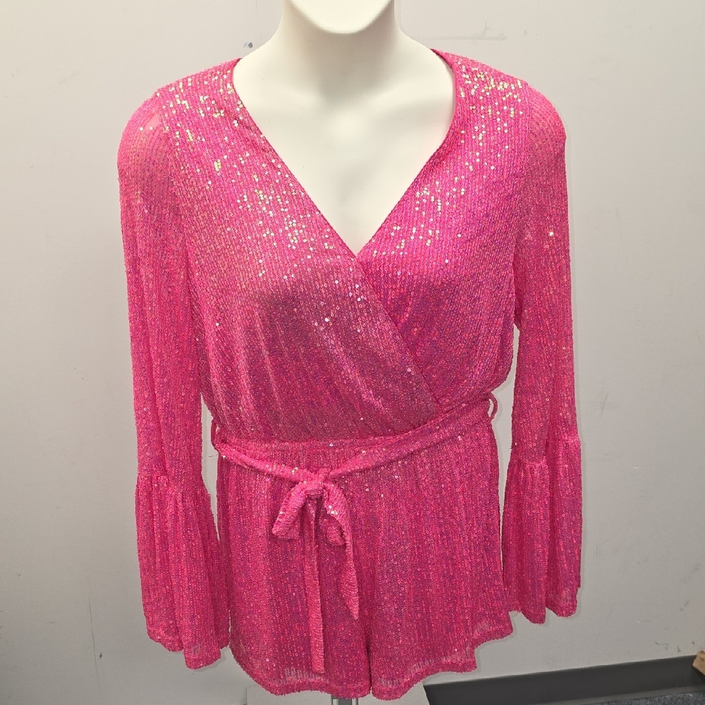 Fantastic Fawn Hot Pink Sequin Wrap Romper Top with Tie Waist